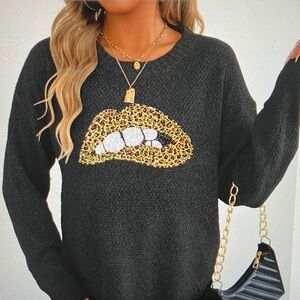 Black Leopard Print Lip Sweater